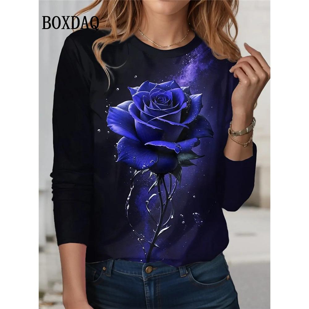 Tie Dye Rose Flower Print T Shirt Spring Women Long Sleeve Shirts Casual O-Neck Loose Plus Size Tops Fashion Clothes