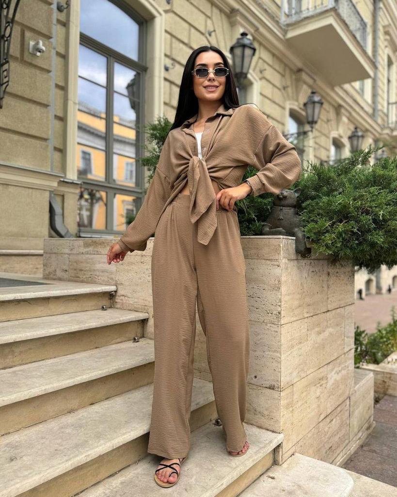 2024 European & American Style Autumn Solid Color Lapel Long Sleeve Shirt & Casual Pants Two-Piece Set
