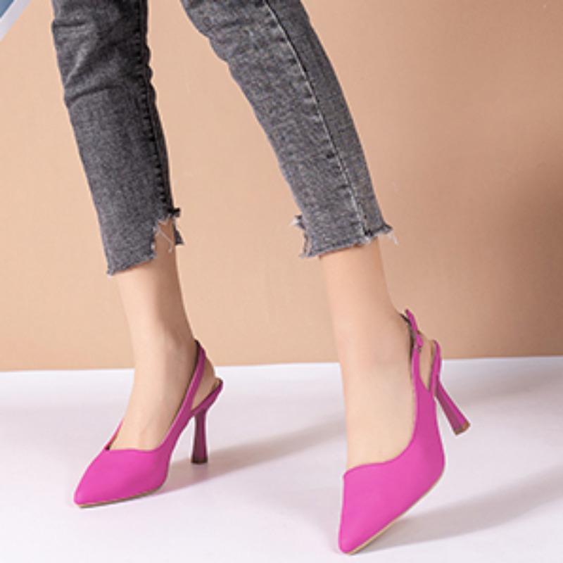 Women's Summer High Heels Sexy Pointed Toe Shallow Mouth Sandals Fashion Solid Color Baotou Women's Slingback Sandals Large Size