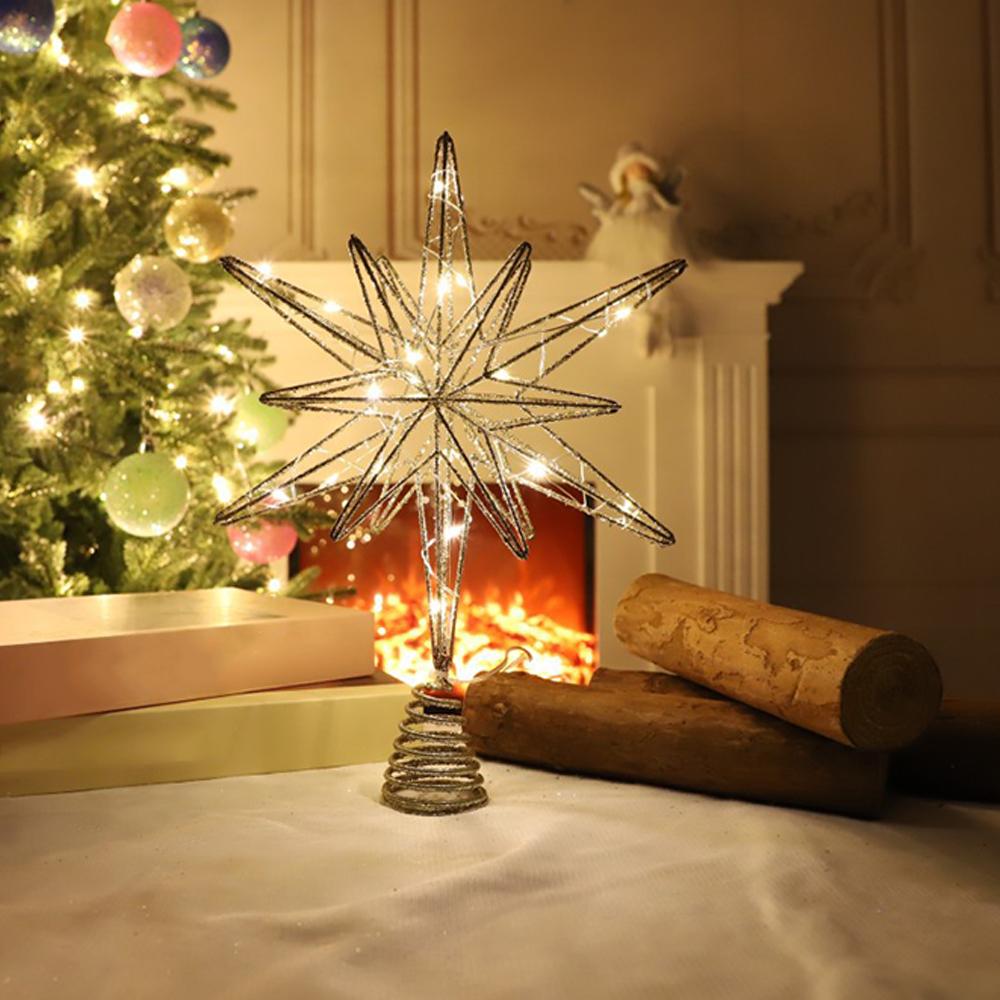 20-Lights Christmas Star Tree Topper Multi-Pointed Pre-lit Glittered Snowflake Treetop Lighted Xmas Treetop for Home Decorations