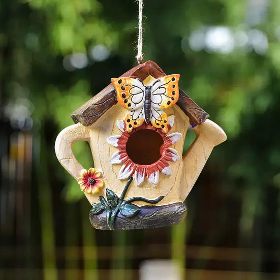 Garden Bird House Spacious Hole Hand-Painted Birdhouse Resin Waterproof Outdoor Hanging Birdhouse Sunproof for Bluebird Hummingbird Finch Cardinals