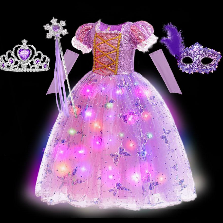 Mirdzošs Rapunzel kostīms meitenei LED princeses