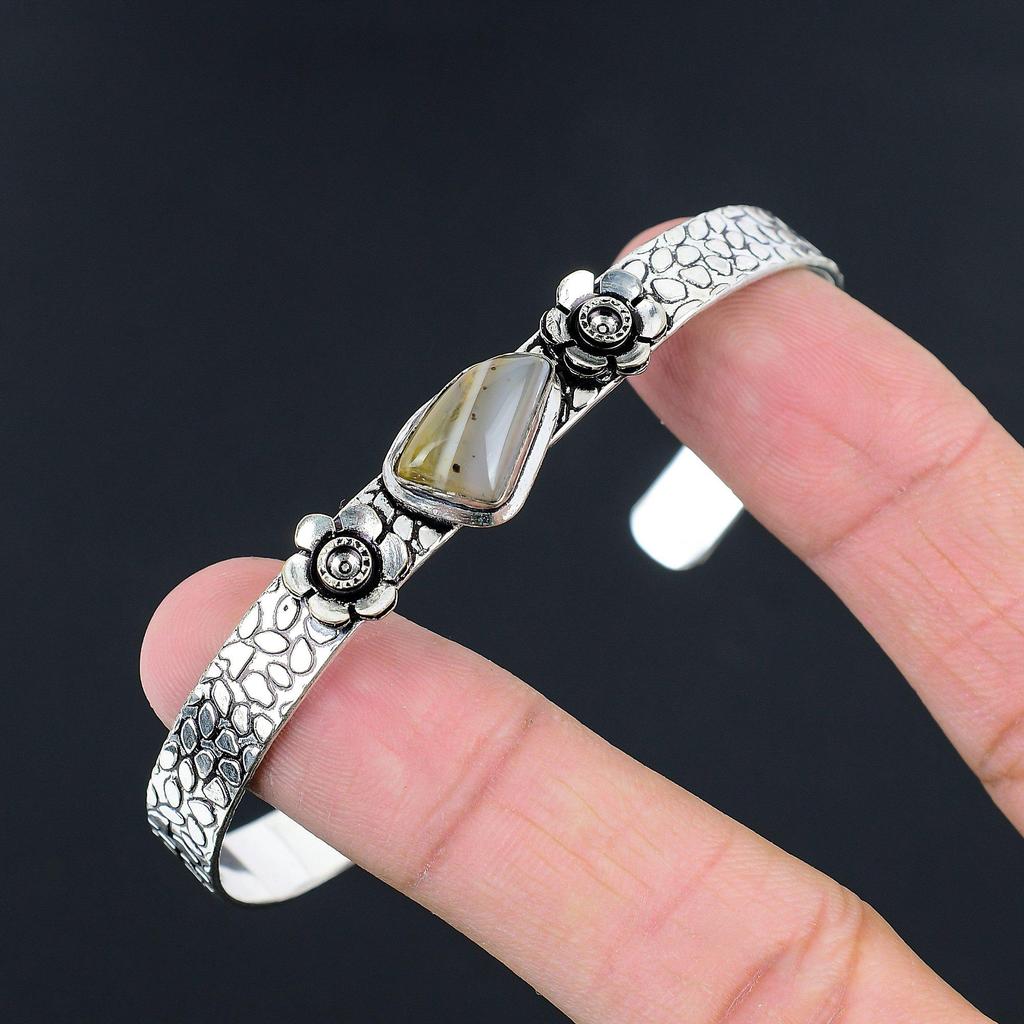 Halloween Sale 925 Sterling Silver Trillion Montana Agate Stone Flower Bangle