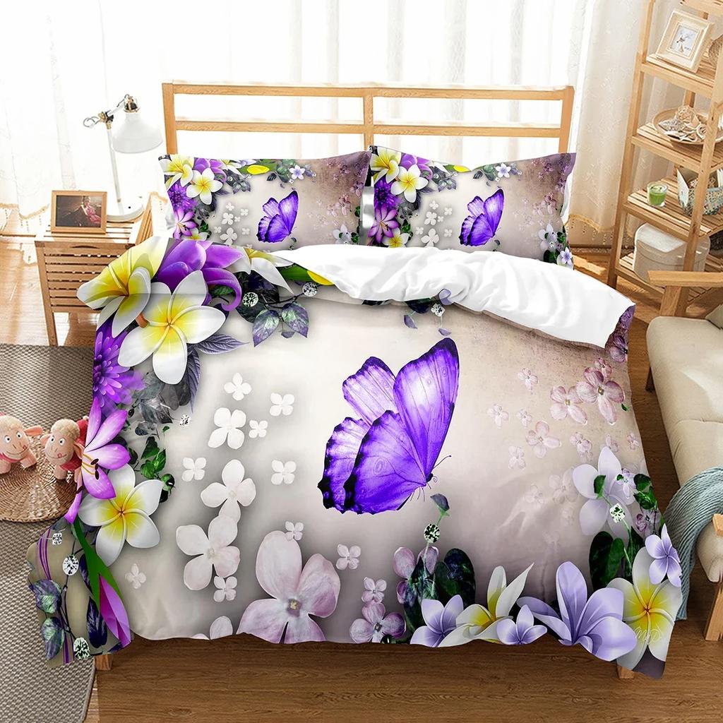 Butterfly And Flower Duvet Cover Girls Botanical Floral Bedding Set Microfiber Garden Flower Print Quilt Cover Twin King Size