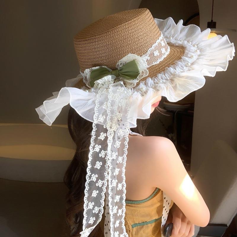 Mori Original Sweet Sun Hat Lolita Pastoral Straw Hat Sunscreen Lace Mesh Streamer Bow Hat Beauty