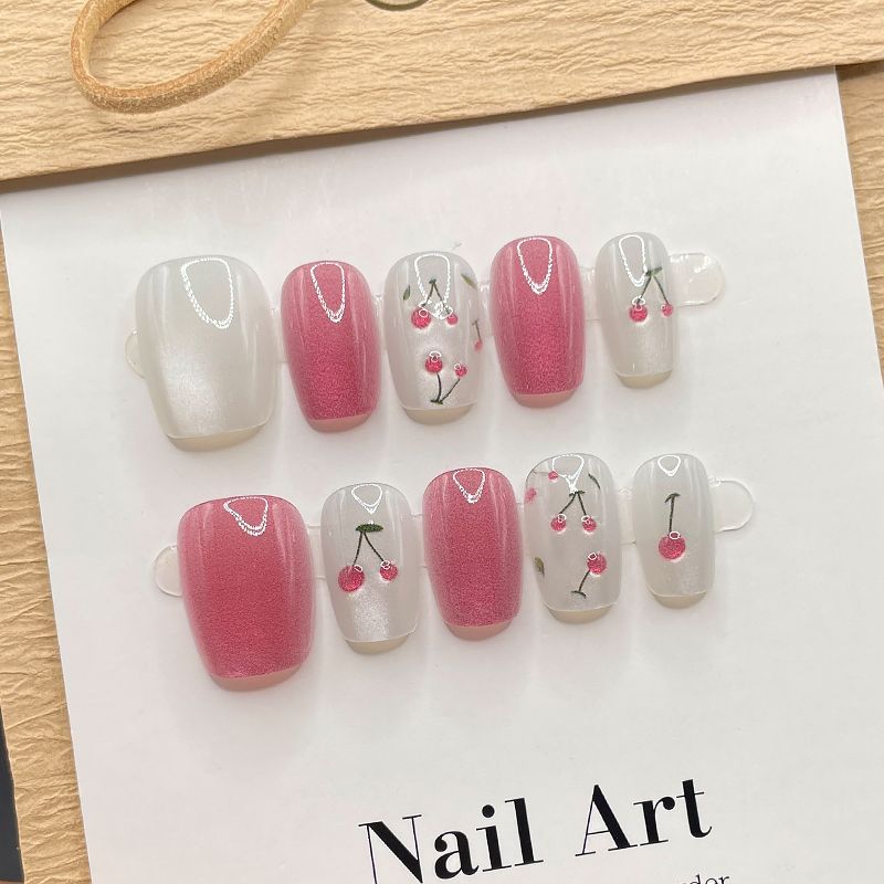 

Beautiful Cherry Handmade White Wearable Nail Stickers New Arrival Fancy Fake Nails Elegant Relief Short Women Beautiful Cherry-size XS