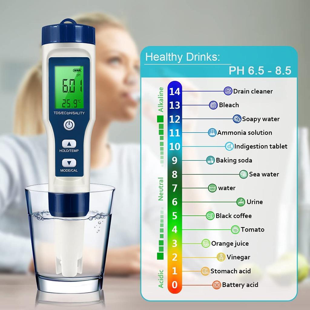 5 In 1 LFS TDS Meter PH Tester, 0.01 High Accuracy Digital PH Meter for Water, PH/TDS/EC/Salt/Temp Tester, PPM Meter Water Tester for Drinking Water,