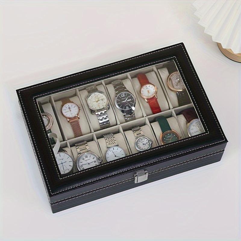 Luxury Black Faux Leather Watch Box with Glass Top, Velvet Lined, Lockable Flip Top, Rectangular Display Case for 12 Watches