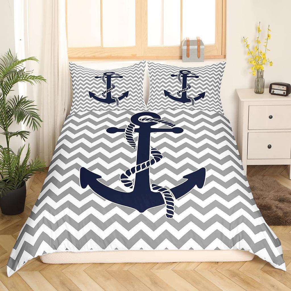 Nautical Anchor Striped Pattern Bedding Cover With Pillowcase Quilt Cover Three-Piece Duvet Cover Set