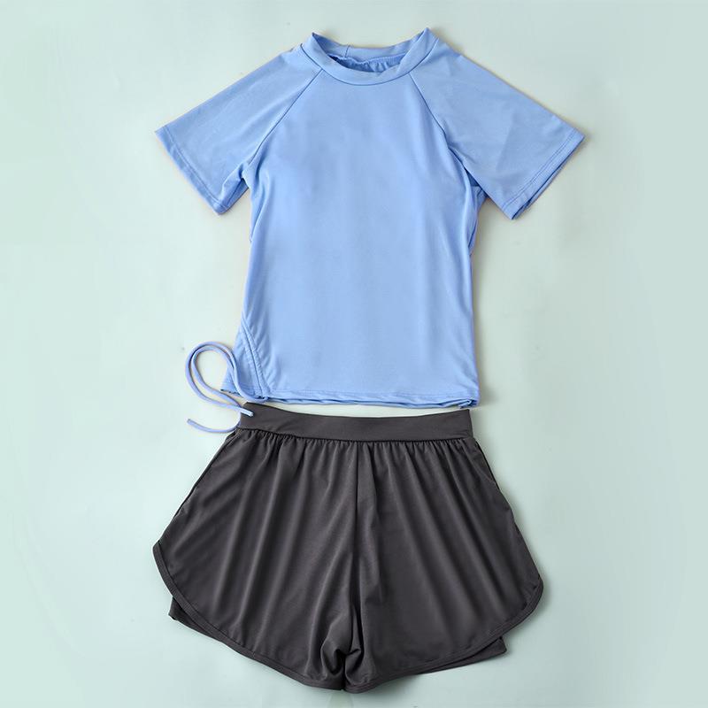 

Женский купальник 2024 года в корейском стиле, колор-блок, с высокой талией, на кулиске, с короткими рукавами и разрезом, с защитой от солнца One Size (Recommended 80-120 kg) озеро синий