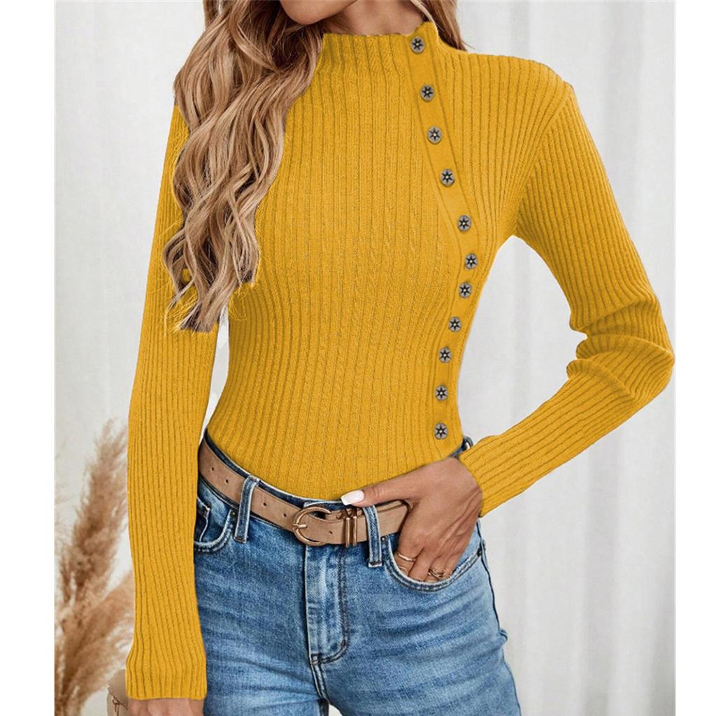 Dame Casual Ensfarget Slim Fit Strikket Genser Langermet Basisgenser Genser