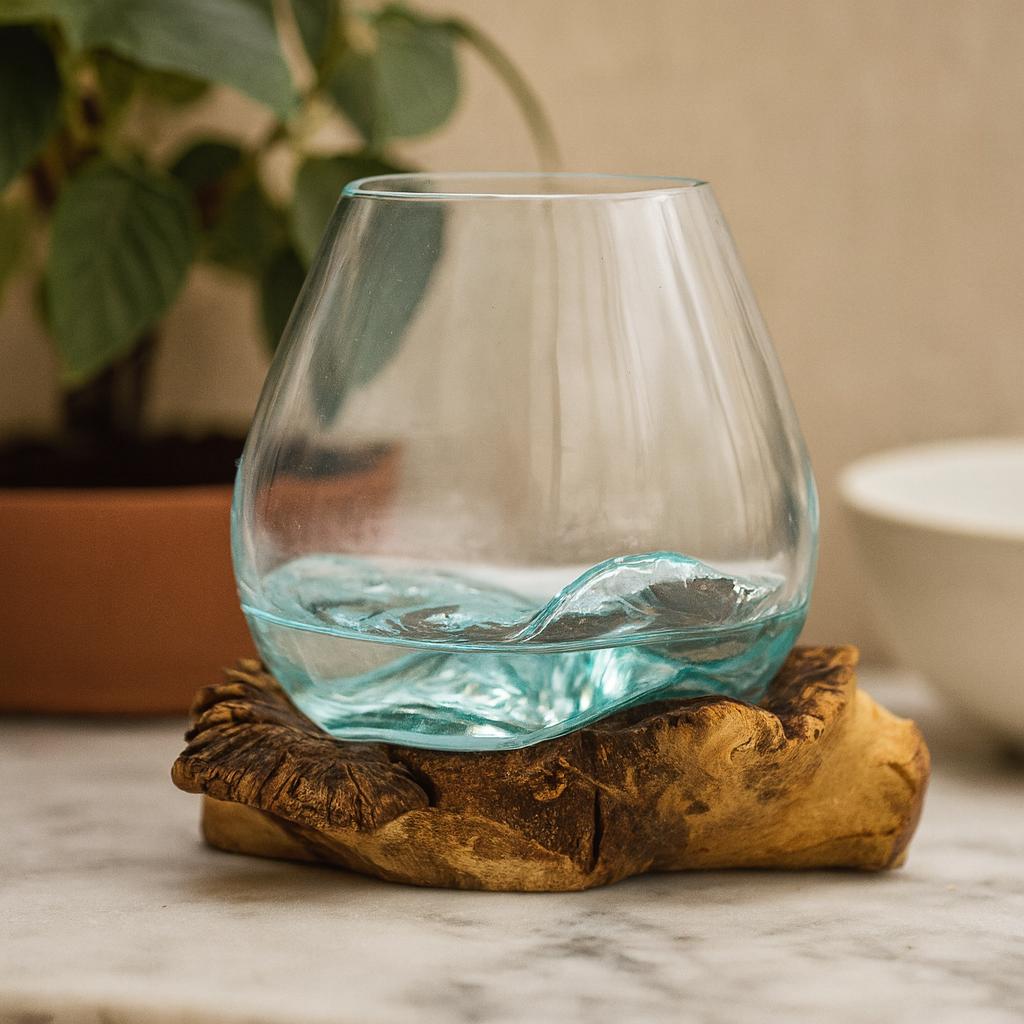Shamtam Green/Light Molten Glass Bowl On Parasite Wood Stand