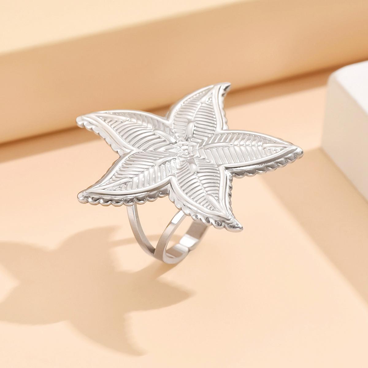 European Retro Striped Starfish & Flower Stainless Steel Ring