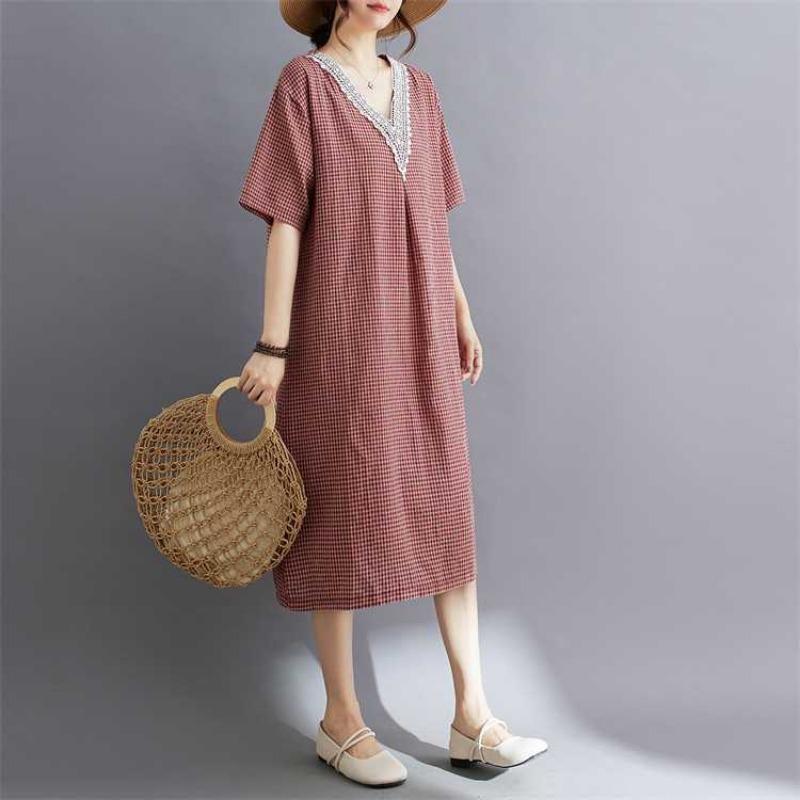 Summer Retro Cotton Linen Lace Cotton Linen Plaid Dress