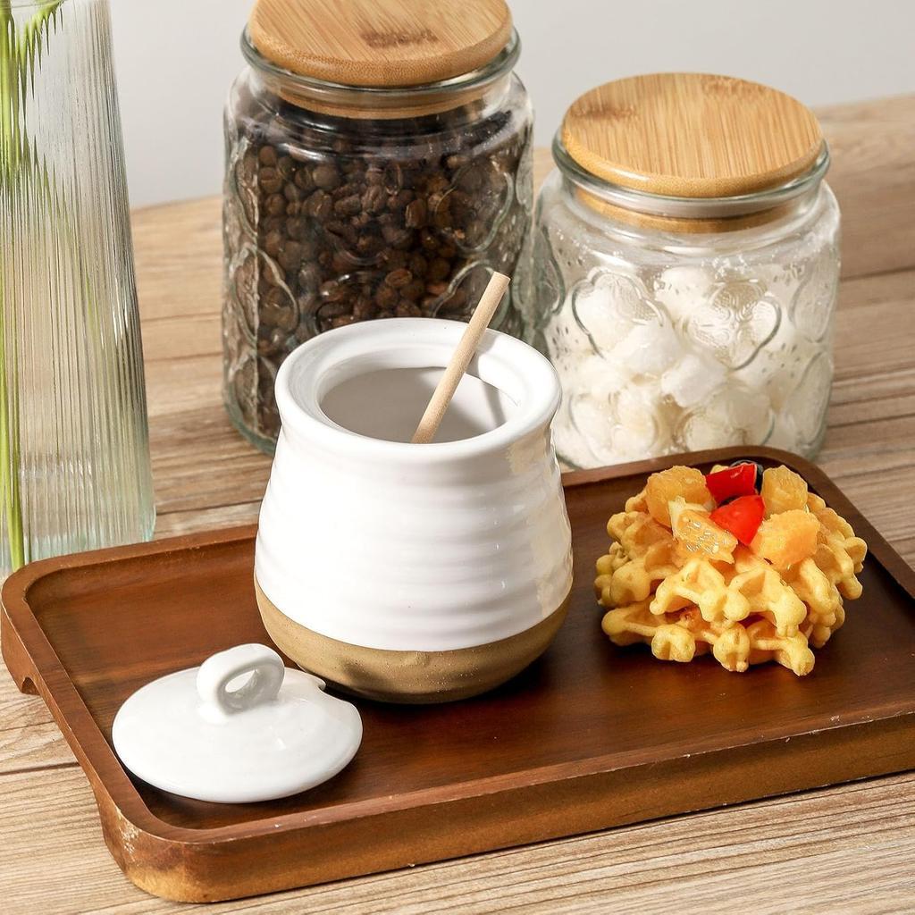 Ceramic 12 Ounce Honey Jar and Dipper Set,Porcelain Honey Pot with Lid and Wooden Dipper,Cute Honey Containers for Party,Holiday,Halloween