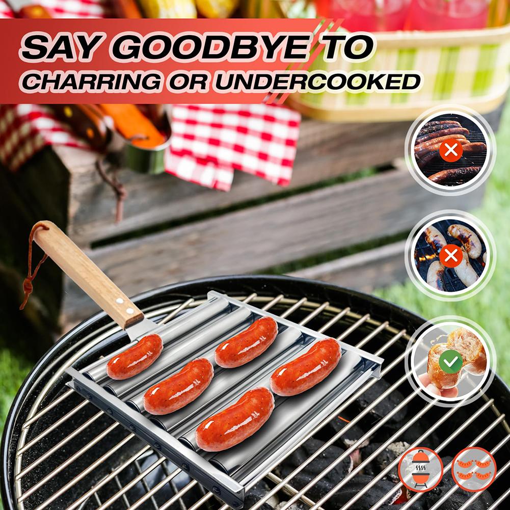 Stainless Steel Sausage Roller Rack with Extra Long Wood Handle BBQ Hot Dog Griller Sausage Corn Roller for Barbecue Party Tools