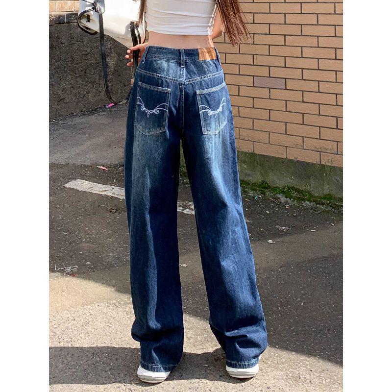 Women's Retro Dark Blue Embroidered Wide-Leg High-Waisted Jeans, 2025 Autumn Collection, Loose Slimming Floor-Length Trousers