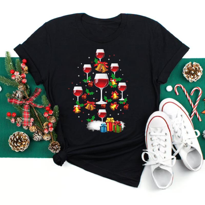 Polyester  100% New Christmas Happy Christmas Tree Santa Claus Casual and Fashionable Round-neck Short-sleeved Women's Base Tops