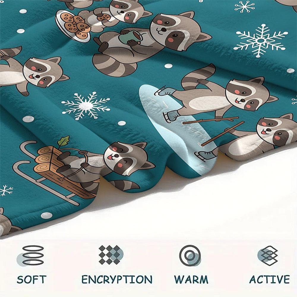 1PC Winter Raccoon Adventures Patterned Flannel Blanket Suitable For All Seasons for Home Decor Warmth and Comfort Gifts Holiday Present
