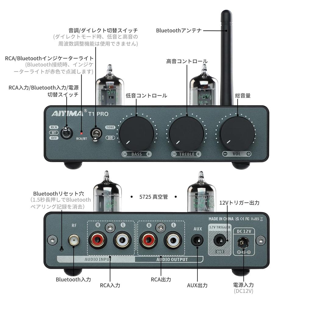 AIYIMA T1pro JAN5725W Valvola Tubo Vuoto Bluetooth Preamplificatore con HiFi Adatto per Alimentatore Attivo Incluso Trigger 5.1, QCC3040+NE5532, aptX-HD