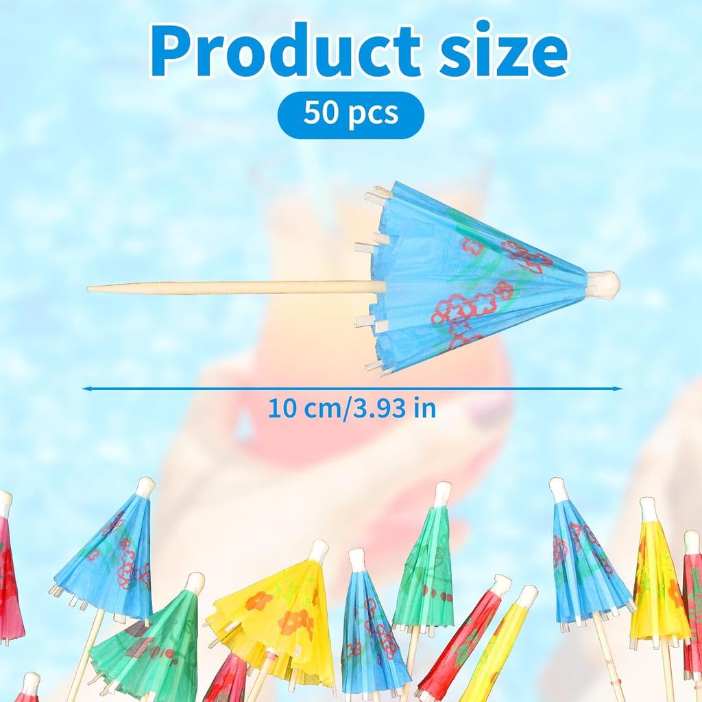 Cocktail Umbrella Picks, 50-Pack Drink Umbrella Toothpicks, Colorful 4-inch Paper Umbrellas for Drinks, Mini Umbrella Toppers, Tiny Umbrella