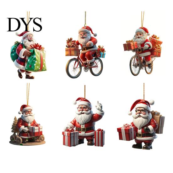 Fun Car Decorations Acrylic Santa Claus Christmas Ornaments 2D Flat Riding Bicycle Hanging Funny Accessory Gift Ideas with Box Decoration for