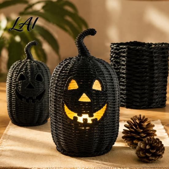 Uniek Seizoensgebonden Cadeau Halloween Hars Pompoenmand Nep Geweven Lantaarn Ornament Spookachtig Gotisch Huisdecor Zwarte Snoeppot voor Tafelblad Schouw