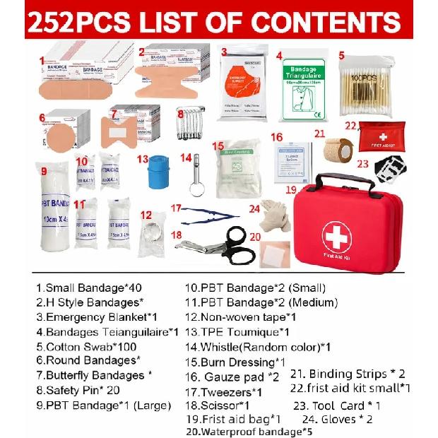 252 Pcs First Aid Kit Waterproof PU Portable Emergency Survival Medical Bag for Home Car Travel Outdoor Camping First Aid Suppli