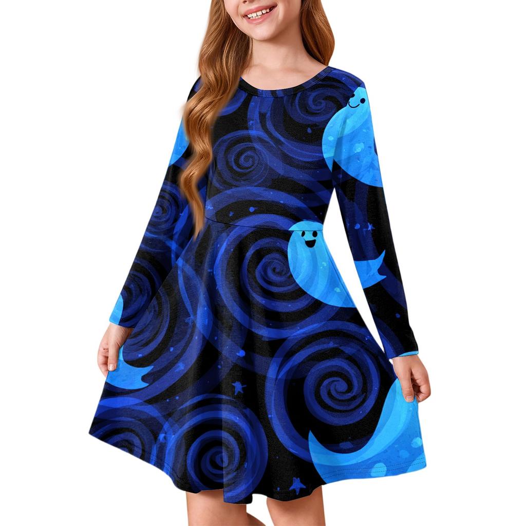 Girls' Summer Princess Dress Halloween Day- Long Sleeve A-Line T-Shirt Dress