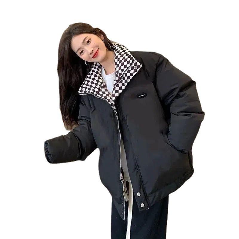 Womens Checkered Puffer Coat BF Style Loose Fit Vintage Winter Cotton Jacket