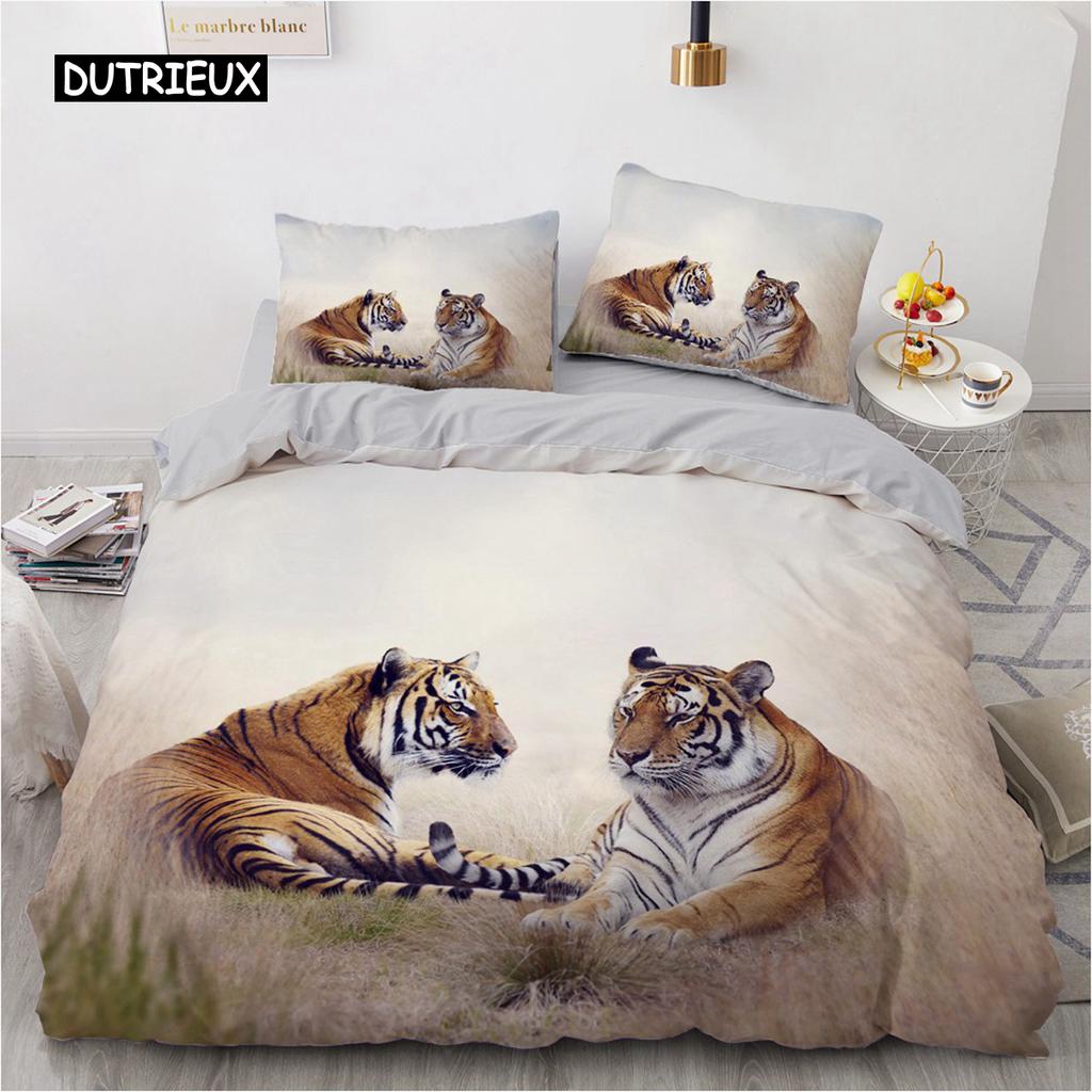3D Bedding Set Black Duvet Quilt Cover Set Comforter Cover Pillowcase King Queen Size Animal Tiger Printed Polyester Quilt Cover