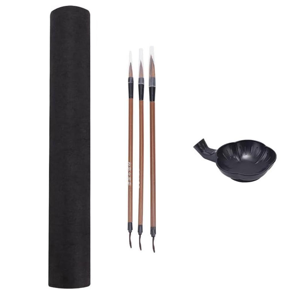 Beginner Calligraphy Set with 12 Water Writing Cloth Paper 3 Wood Handle Brush and Inks Dish for Writing Painting