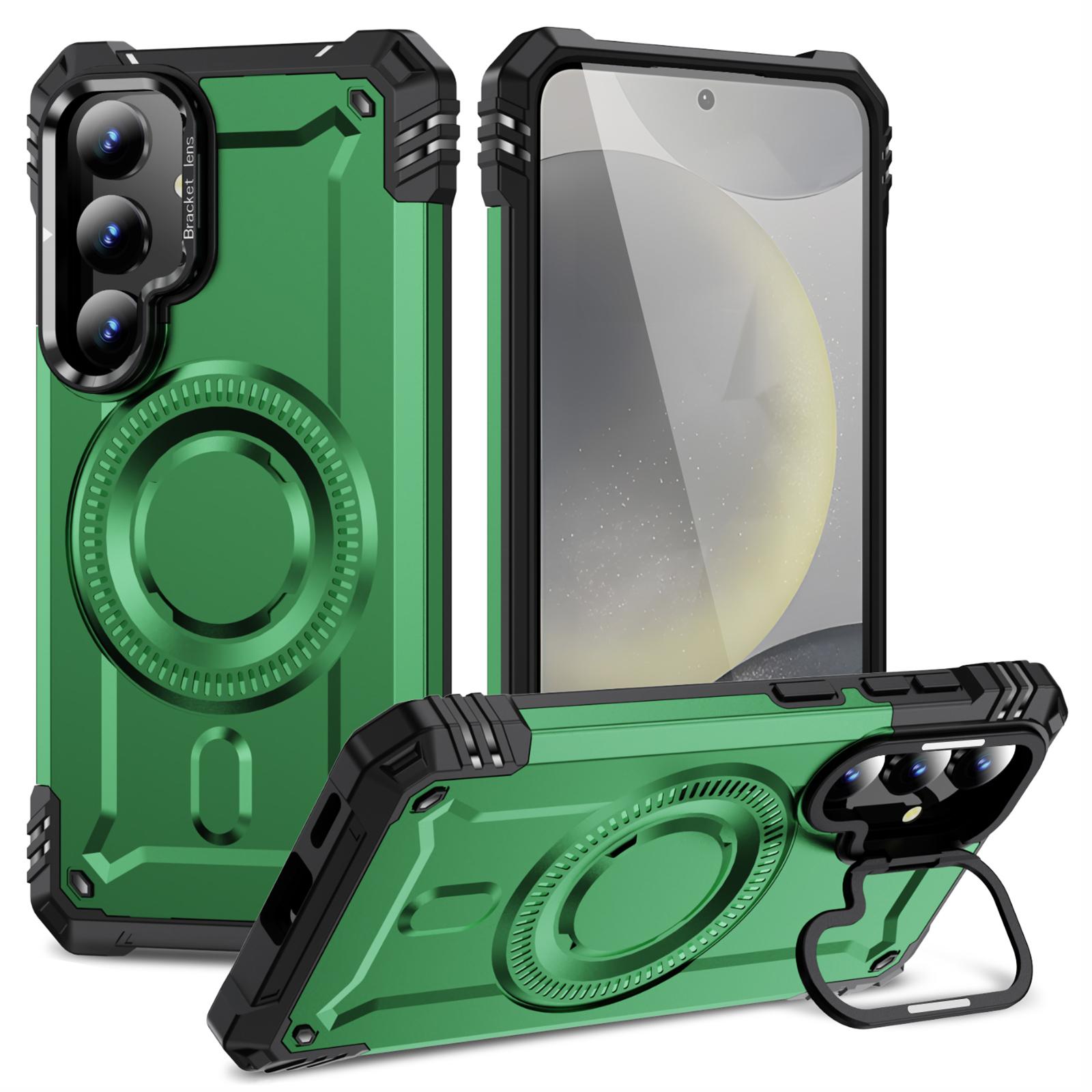 

For Samsung Galaxy S25+/S24+ Magnetic Case Metal Lens Frame Kickstand PC+TPU Mobile Cover G