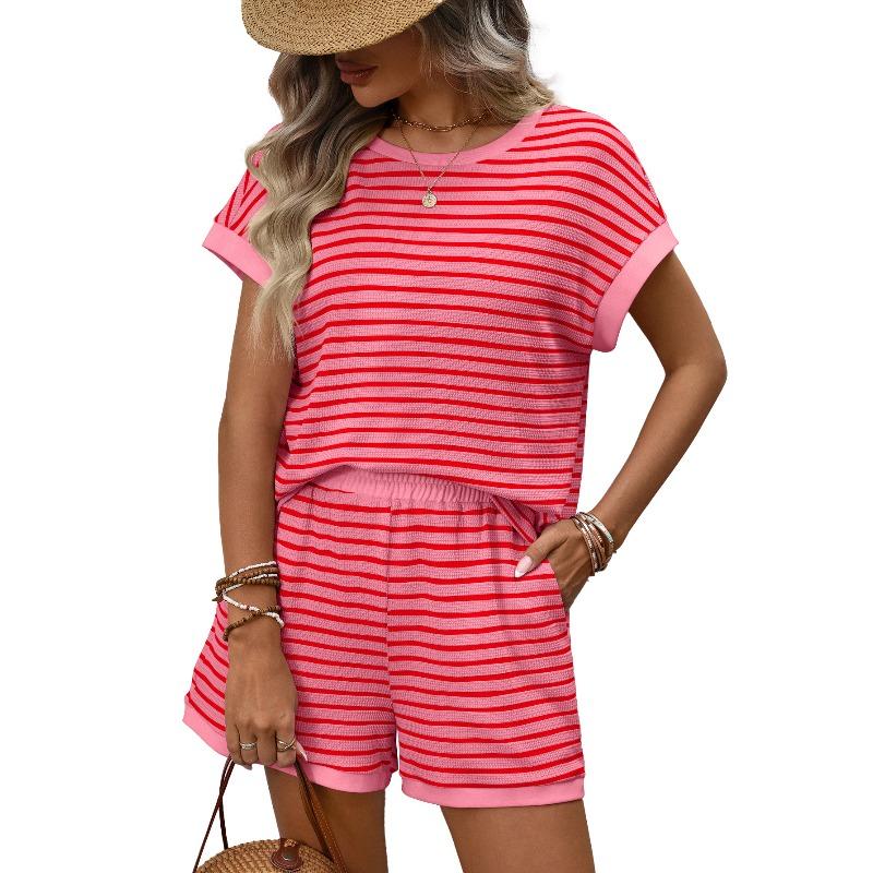 Women Summer 2 Piece Outfit, Round Neck Splicing Short Sleeve Top + Shorts Set, Fashion Casual Daily Two-piece Tracksuit S