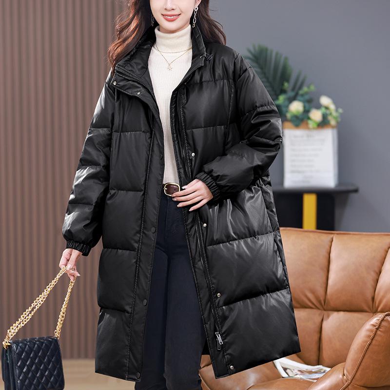 Women's PU Leather Plus Size Mid-Aged Winter Down Jacket 2024 - White Duck Down Thick Long Coat