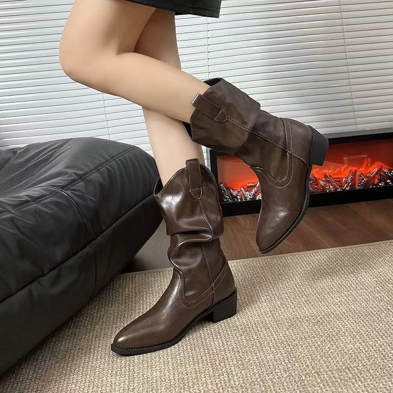 Leather Brown Boots Maillard Boots Western Cowboy Boots Medium Boots Knight Boots Thick Heel Pointed Pile Boots