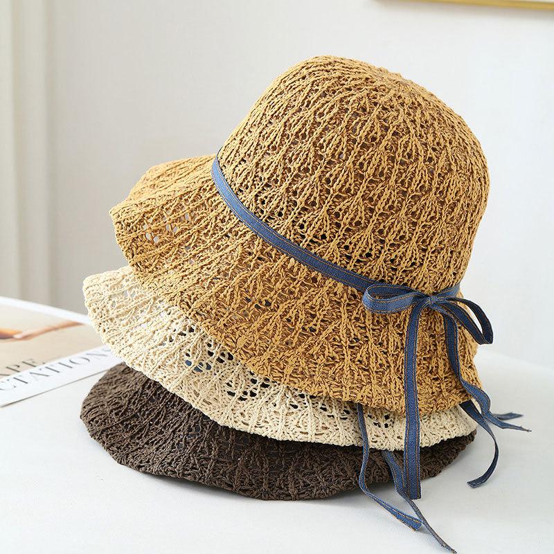 Bucket Hat Korean Straw Hat Women, Summer Travel Beach Hat With Bow, Handmade Woven Short Brim Hat
