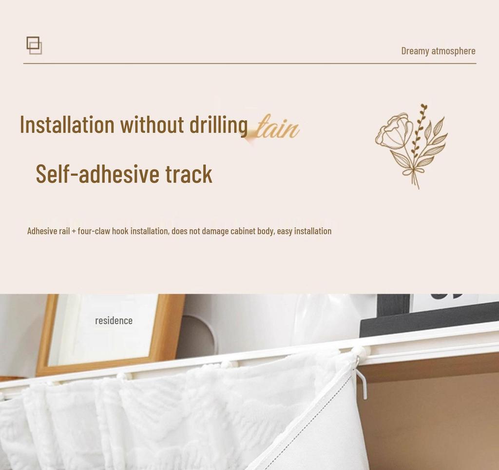 Horizontal Wardrobe Curtain with Rail - Sheer Dust Cover & Decorative Pull, No-Drill Installation.