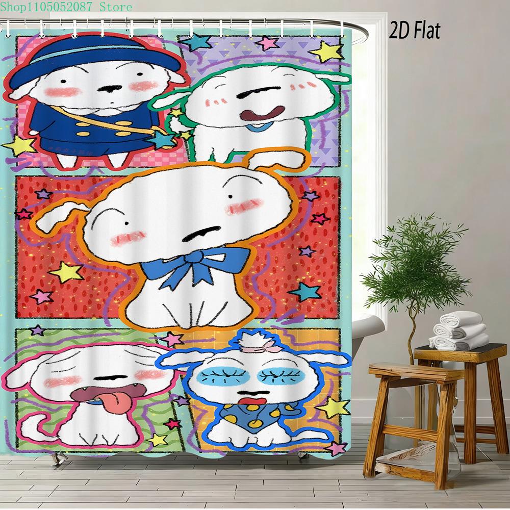 Crayon Shin-Chan Ufo & Shiro 2D Print Waterproof Shower Curtain, Green Anime Bathroom Decor With Hooks