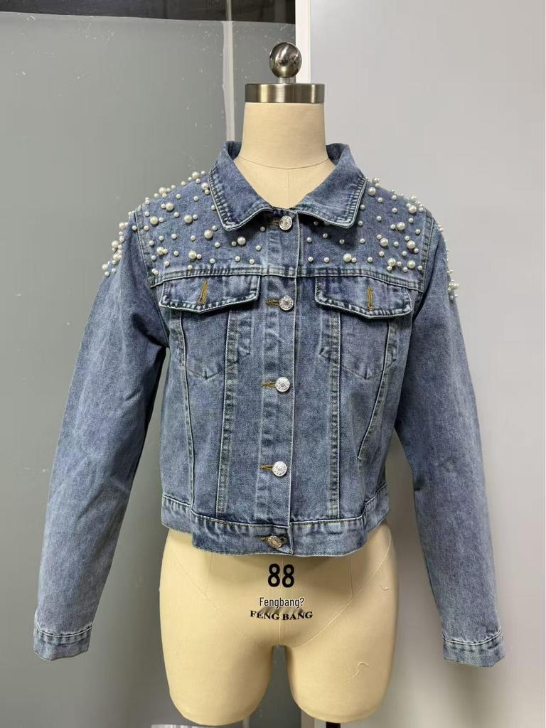Jachetă Scurtă din Denim cu Mărgele Perlate Stil European și American - Top pentru Femei