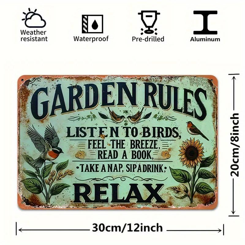 1PC Vintage-Style Garden Rules Tin Sign - Relaxing Quote with Birds, Sunflowers & Butterflies,Durable Metal Wall Art for Outdoor