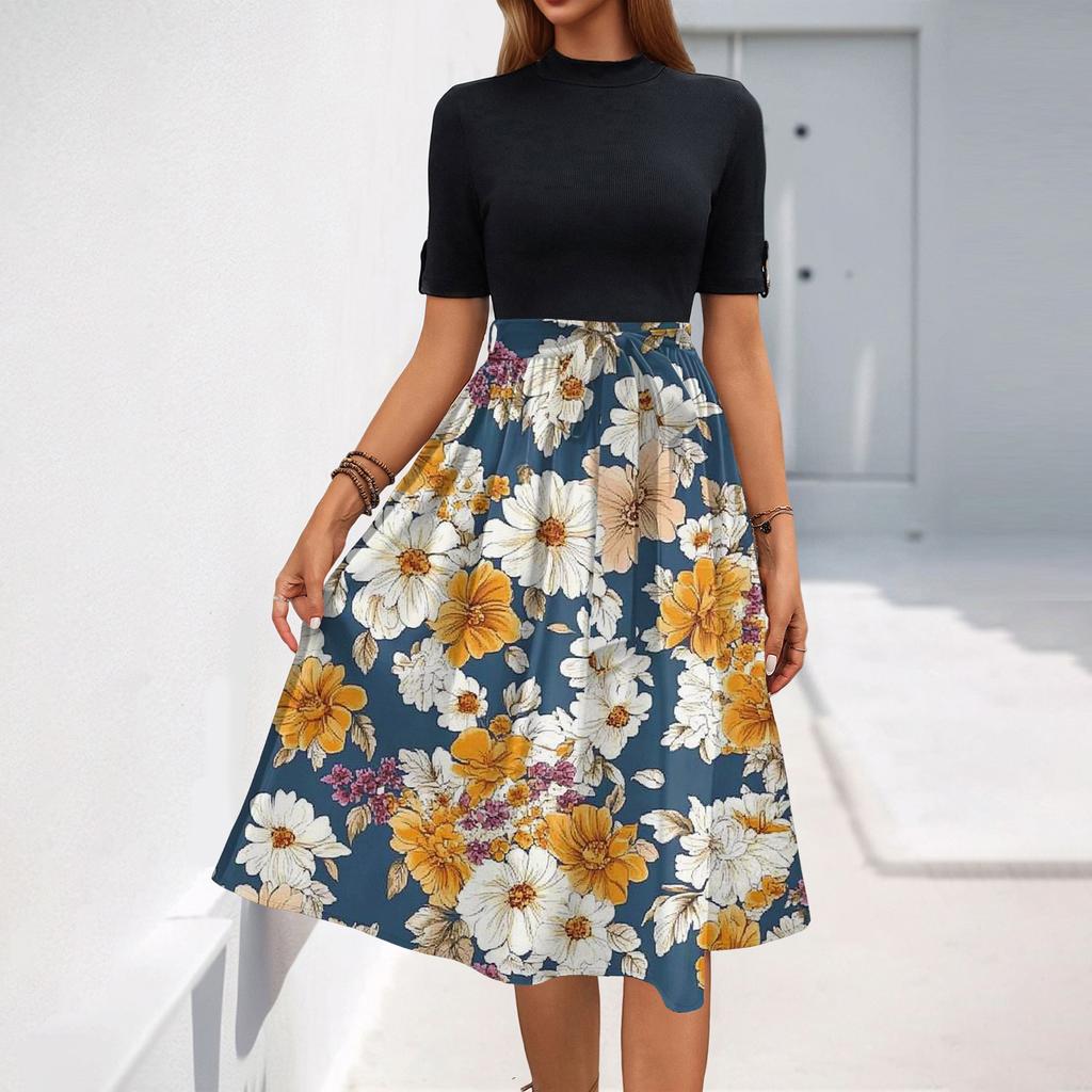 Dámské módní ležérní opasek s krátkým rukávem, kulatým výstřihem, květinový elegantní temperamentní šaty