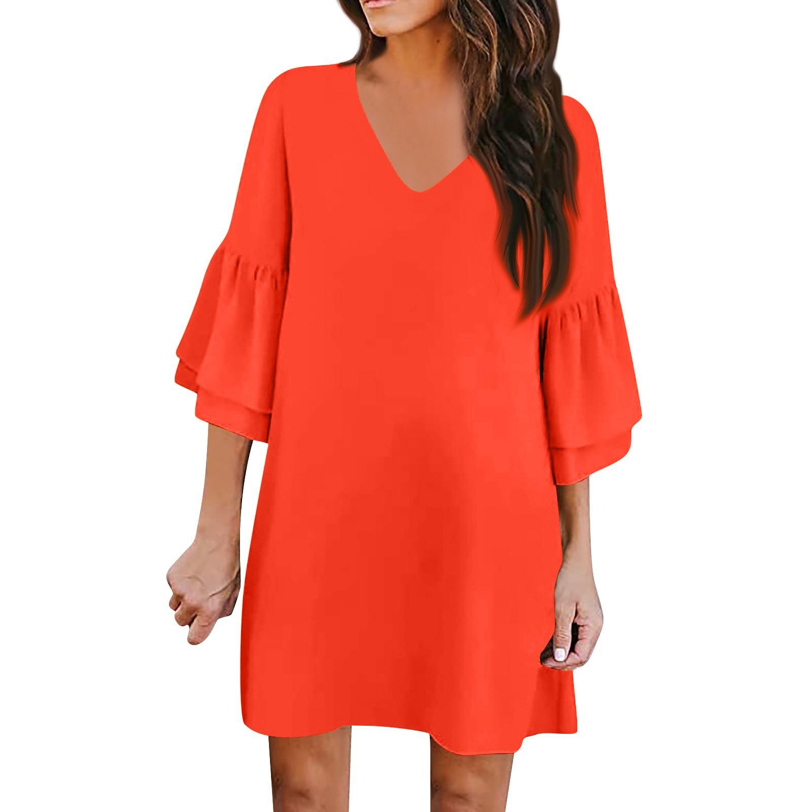 

Женская мода Классические однотонные повседневные платья с v-образным вырезом и расклешенными рукавами L шафрановый