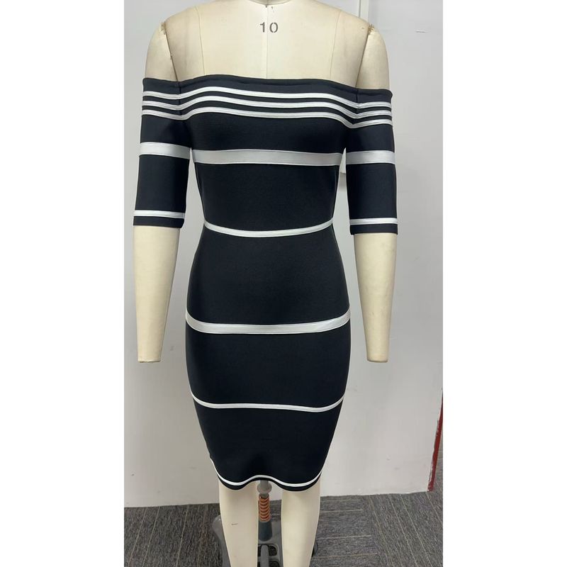 

Korean-Style Popular Simple and Elegant Dress with Contrasting Color Stripes Design, 2025 New Summer Short-Sleeve Mid-Length Dress for Women Black S