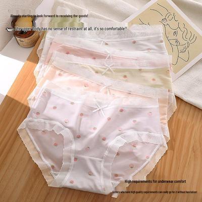 Sweet Strawberry Print Lace Trim Seamless Teen Girl Panties - Comfortable, Breathable, Mid-Waist Briefs