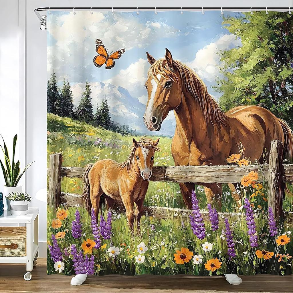 Western Horse Shower Curtain Rustic Farmhouse Animal Colt Wooden Fence Nature Grassland Wildflower Butterfly Country Farm Nature Landscape Fabric