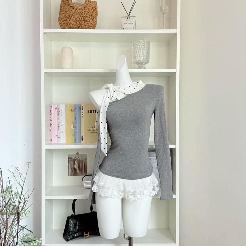 

Осенний пэчворк облегающий асимметричный топ с открытыми плечами на 2025 год XL серый