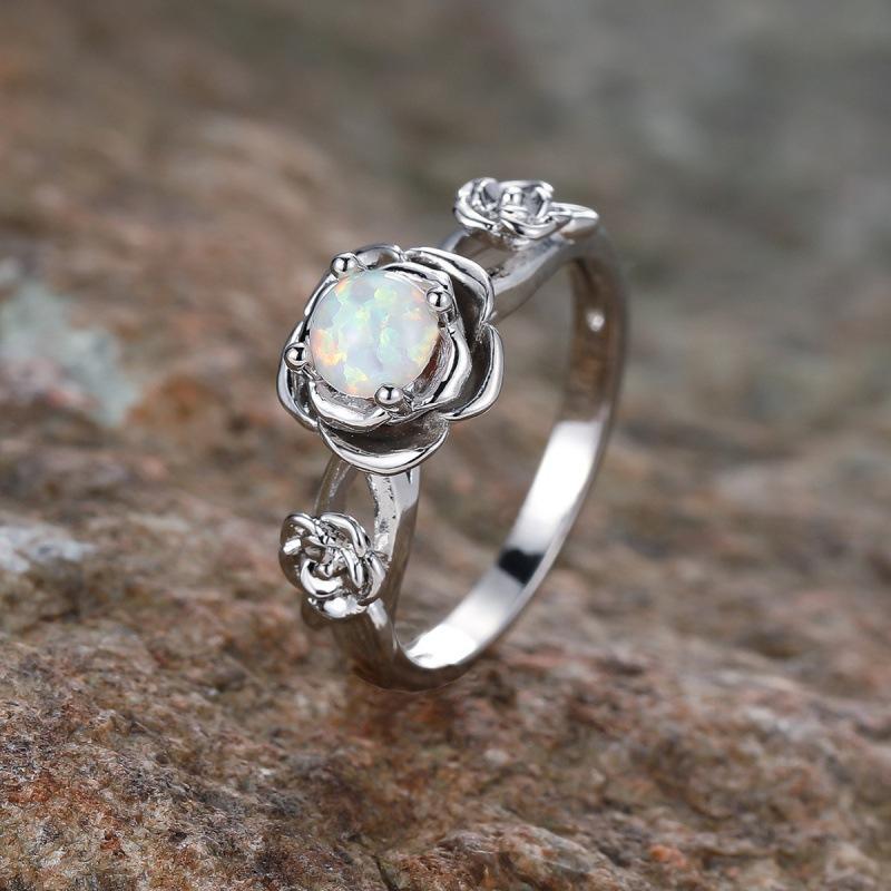 Wish round opal three rose flower ring simple niche elegant ring no. 6