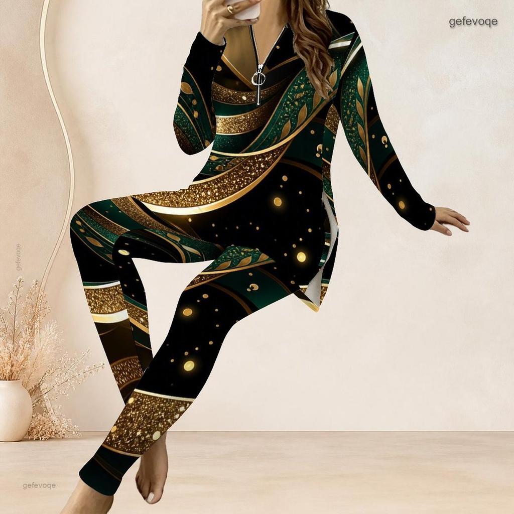 Women Plus Size Two Piece Pants Set Half Zip Long Sleeve Black Gold Printed Longline Top Fitted Pants