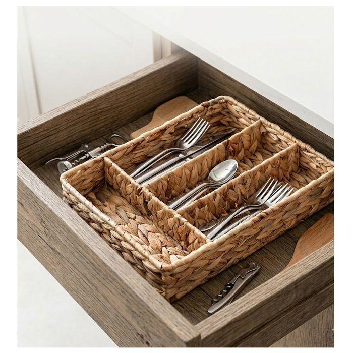 Range couverts en jacinthe tressé 4 compartiments 24 x 34 cm beige